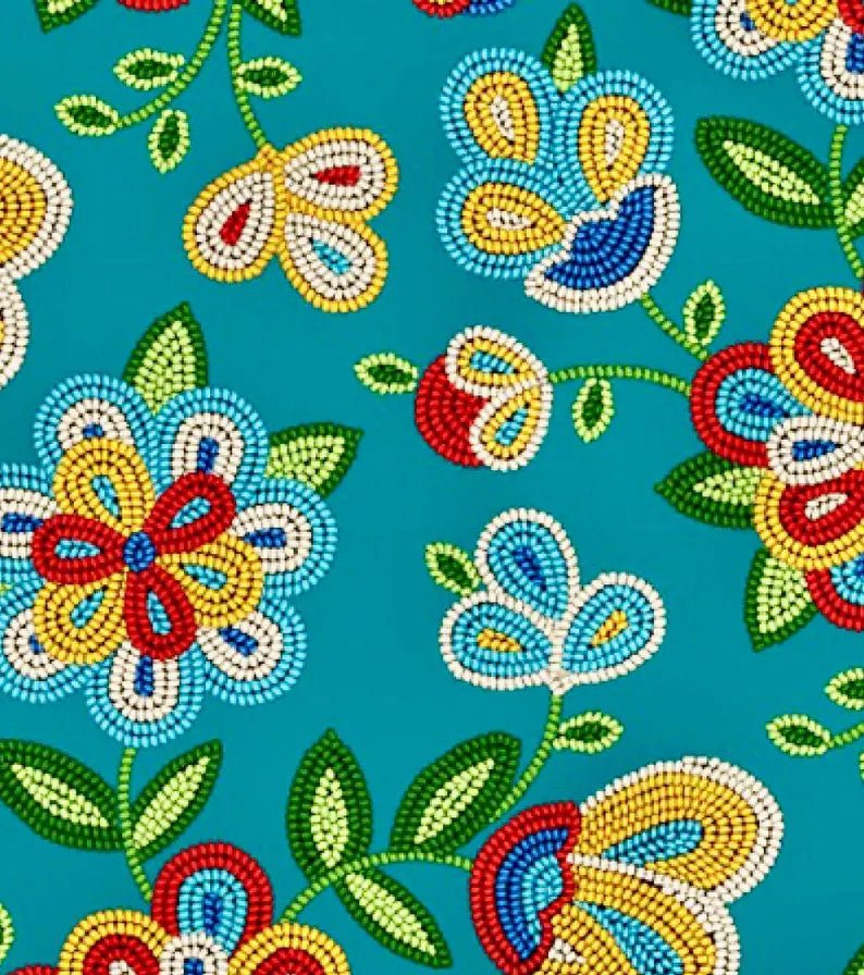 Native Beadwork Fabric 1/2 Yard, 449 Turquoise by Elizabeth's Studio, Indigenous Quilt Blanket Wall Hanging Table Runner Ribbon Skirt