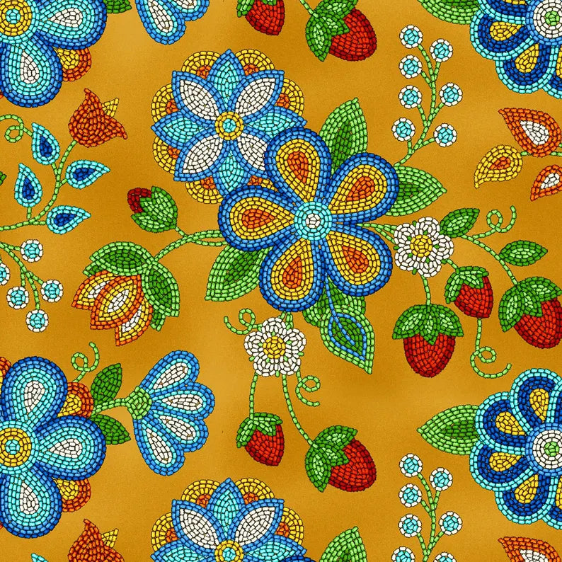 Native Beadwork Fabric 1/2 Yard, 594 Moosehide by Elizabeth's Studio, Indigenous Quilt Blanket Wall Hanging Table Runner Ribbon Skirt