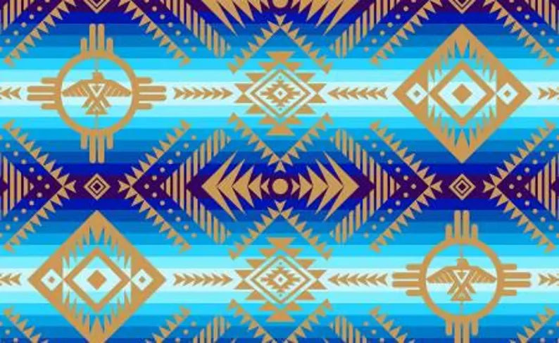 Native Beadwork Fabric 1/2 Yard, 648 Blue Tuscan Thunderbird by Elizabeth's Studio, Indigenous Quilt Blanket Table Runner Ribbon Skirt