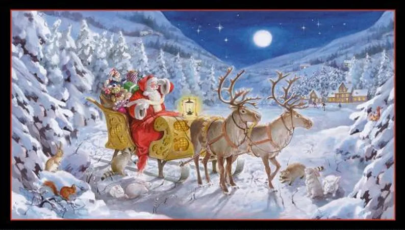 Santa Claus is Coming Fabric Panel 44"x24", 2600-Black by Elizabeth's Studio, Santa Sleigh Christmas Trees gift quilt bed hanging